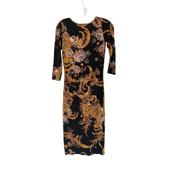 Roberto Cavalli Just Cavalli Black‎ Gold Floral Stretch Scoop Neck Dress Size 4 - Picture 9 of 12